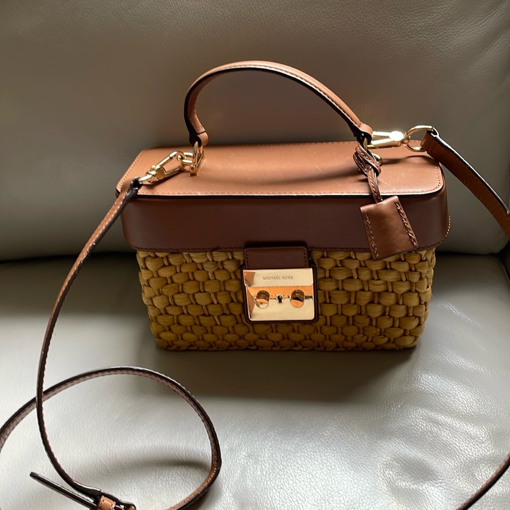 Michael Kors GABRIELLA Straw and Leather Walnut Satchel Shoulder Bag